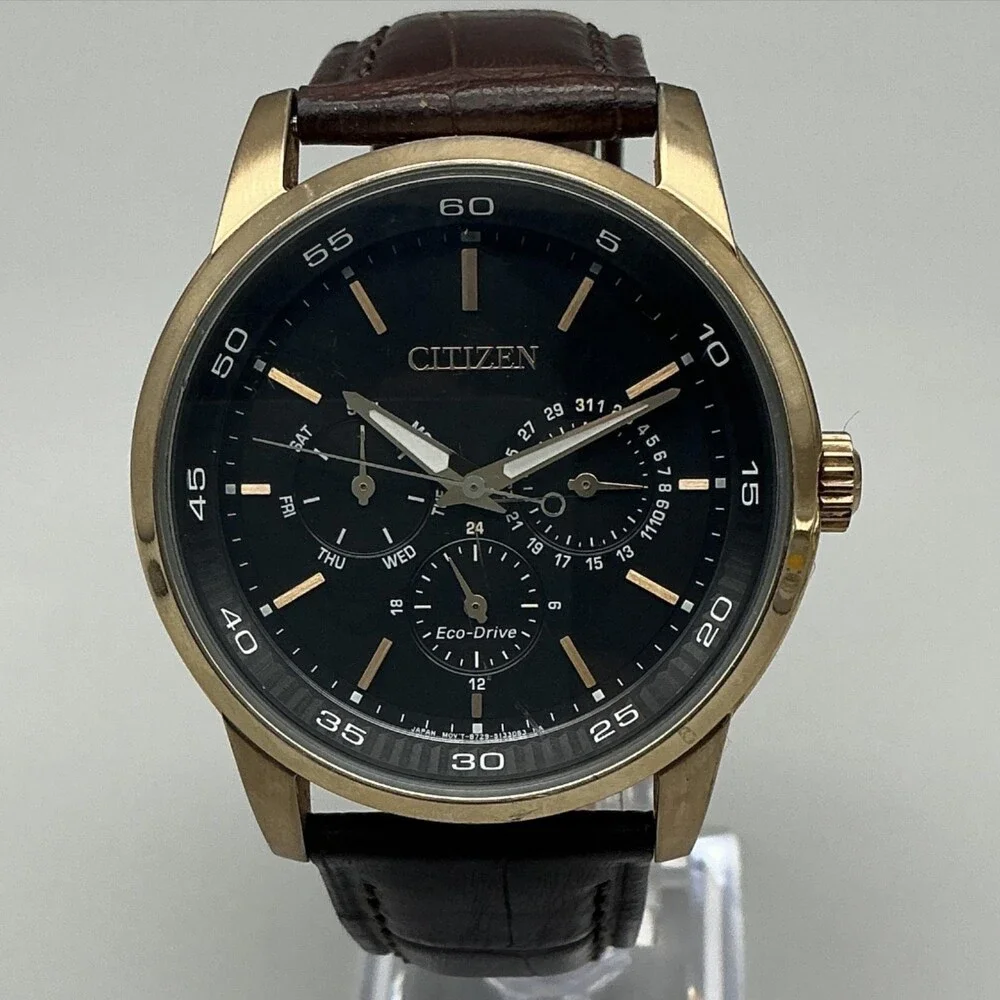 Citizen Eco-Drive Mens Watch 44mm Black Dial Brown Leather 8729-S093040 Day Date
